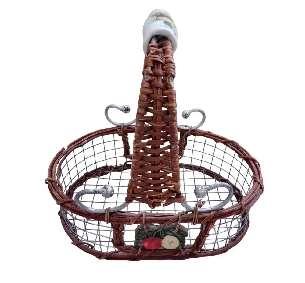 Cottage Farmhouse Style Wire Basket Ceramic Handle Apples & Pears
